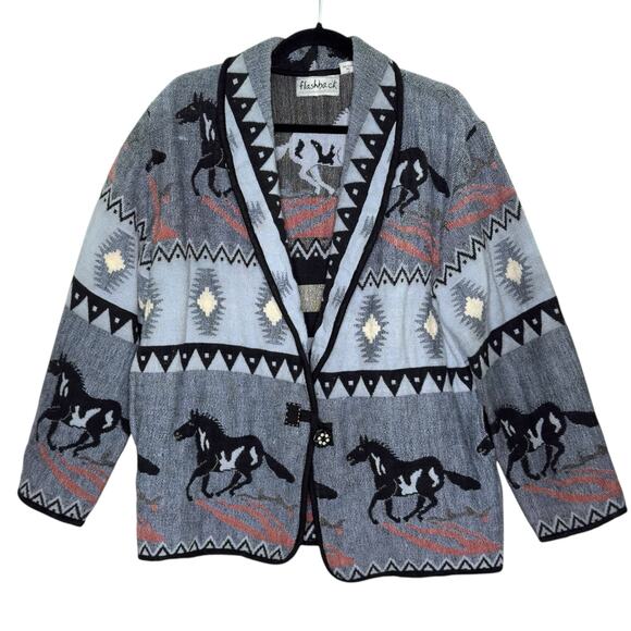 Flashback L Tapestry Horse Jacket  Blue Gray Bohemian Aztec Western Rodeo Vtg - Picture 1 of 10